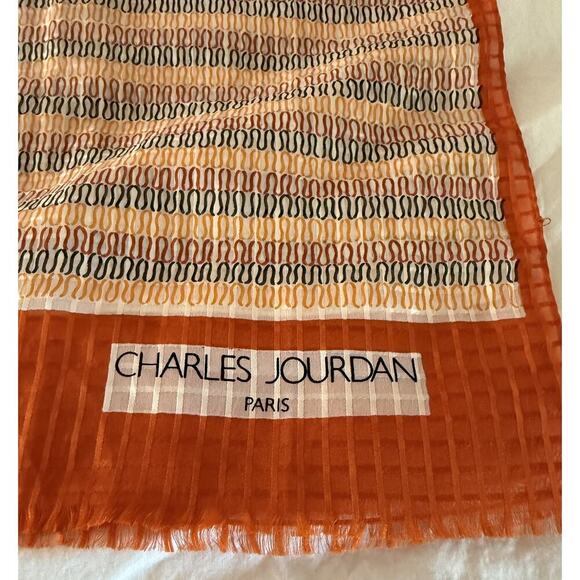 Vintage Charles Jourdan Sheer Orange Yellow Black Raw Edge Silk Scarf Geometric - Picture 2 of 5